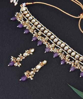 Purple Gold Tone Kundan Necklace Set 4
