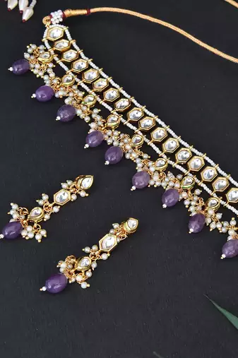 Purple Gold Tone Kundan Necklace Set