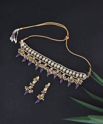 Purple Gold Tone Kundan Necklace Set 5