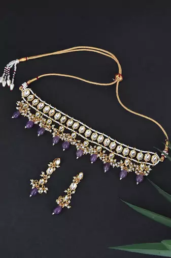 Purple Gold Tone Kundan Necklace Set