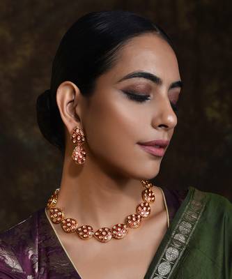 Red Gold Tone Meena Necklace Set 1