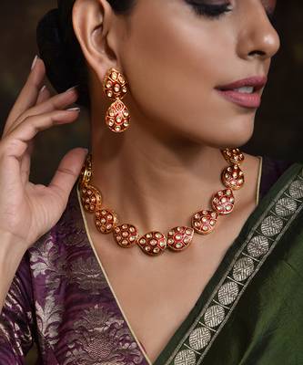 Red Gold Tone Meena Necklace Set 2