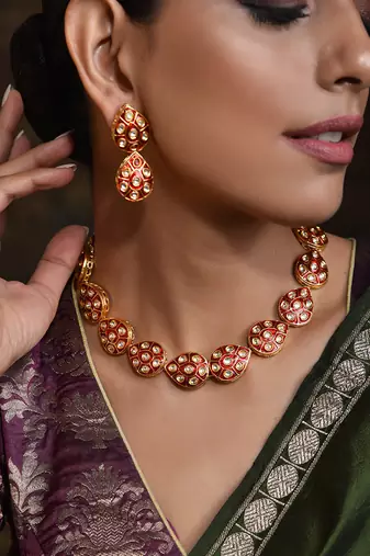 Red Gold Tone Meena Necklace Set