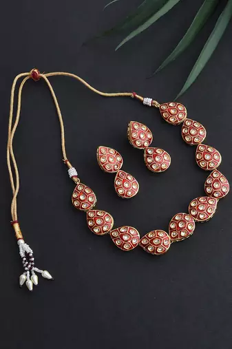 Red Gold Tone Meena Necklace Set
