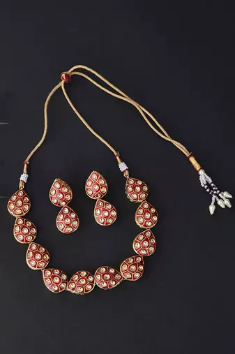 Red Gold Tone Meena Necklace Set