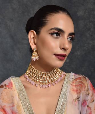 Pink Gold Tone Kundan Necklace Set 1