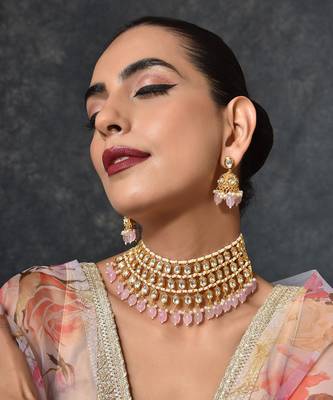 Pink Gold Tone Kundan Necklace Set 2
