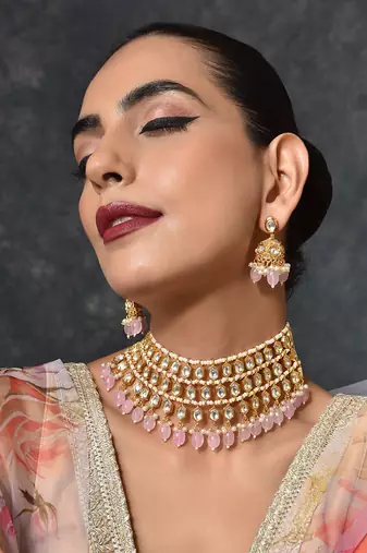 Pink Gold Tone Kundan Necklace Set