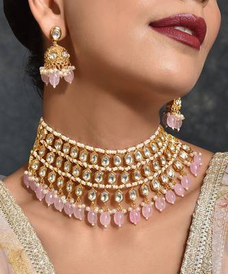 Pink Gold Tone Kundan Necklace Set 3