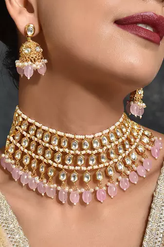 Pink Gold Tone Kundan Necklace Set