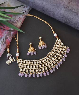 Pink Gold Tone Kundan Necklace Set 5