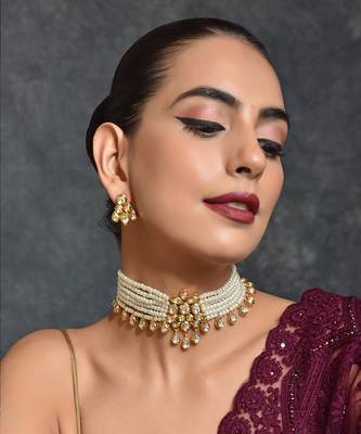 White and Gold Pearl and Stone Encrusted Choker Necklace Set 1