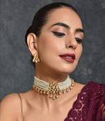 White and Gold Pearl and Stone Encrusted Choker Necklace Set