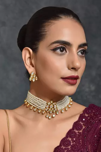 White and Gold Pearl and Stone Encrusted Choker Necklace Set