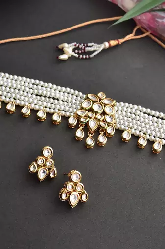 White and Gold Pearl and Stone Encrusted Choker Necklace Set