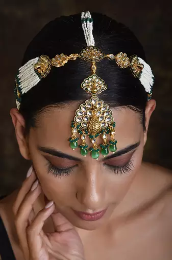 Green Gold Tone Kundan Pearl Matha Patti