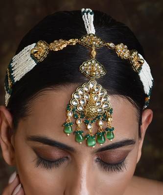 Green Gold Tone Kundan Pearl Matha Patti 3