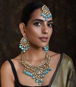 Blue Gold Tone Kundan Bridal Necklace Set With Maang Tikka