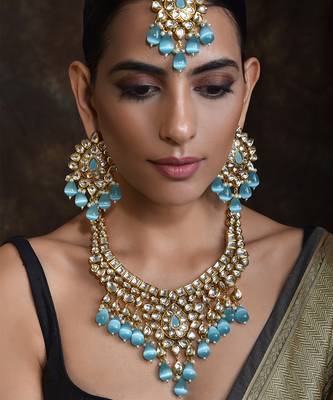 Blue Gold Tone Kundan Bridal Necklace Set With Maang Tikka 2