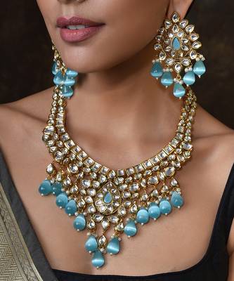 Blue Gold Tone Kundan Bridal Necklace Set With Maang Tikka 3
