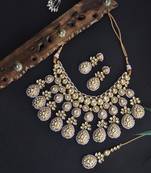 Pink Gold Tone Kundan Bridal Necklace Set With Maang Tikka