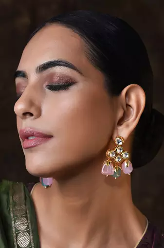 Pink Gold Tone Kundan Earrings