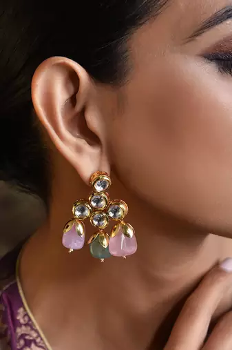 Pink Gold Tone Kundan Earrings
