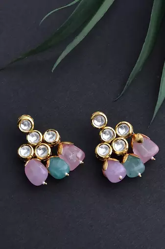 Pink Gold Tone Kundan Earrings