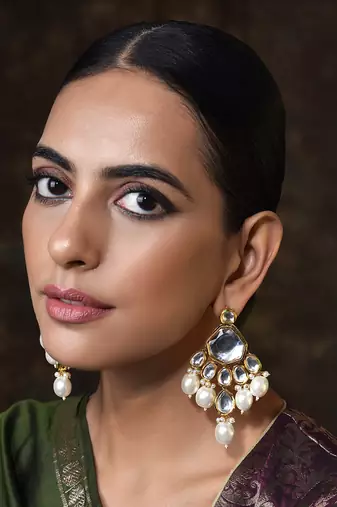Gold Tone Kundan Pearl Earrings