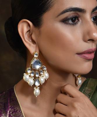Gold Tone Kundan Pearl Earrings 3