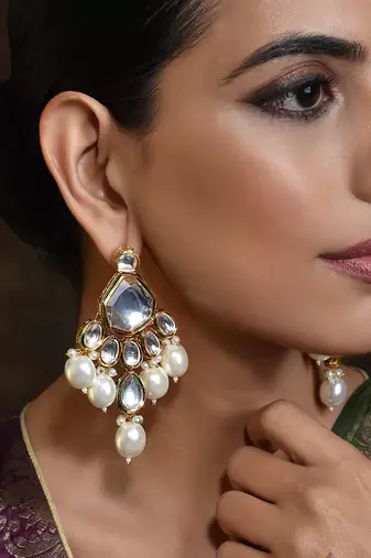 Gold Tone Kundan Pearl Earrings