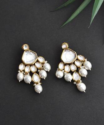 Gold Tone Kundan Pearl Earrings 4