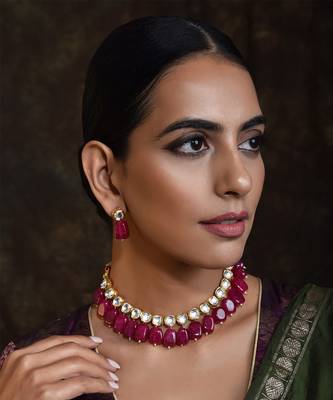 Maroon Gold Tone Kundan Necklace Set 1