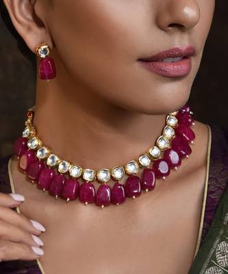 Maroon Gold Tone Kundan Necklace Set 3