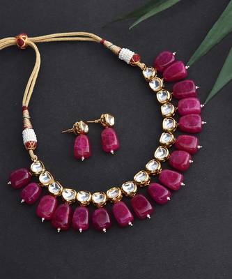 Maroon Gold Tone Kundan Necklace Set 4