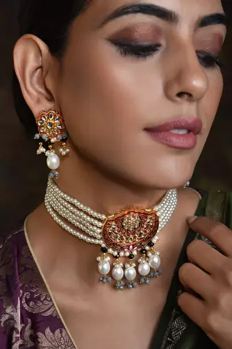 Red Gold Tone Pearl Choker Necklace Set