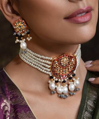 Red Gold Tone Pearl Choker Necklace Set 3