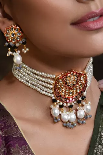 Red Gold Tone Pearl Choker Necklace Set