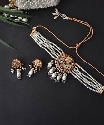 Red Gold Tone Pearl Choker Necklace Set 4
