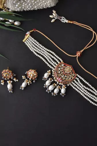 Red Gold Tone Pearl Choker Necklace Set