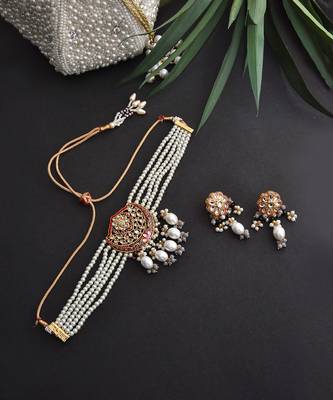 Red Gold Tone Pearl Choker Necklace Set 5