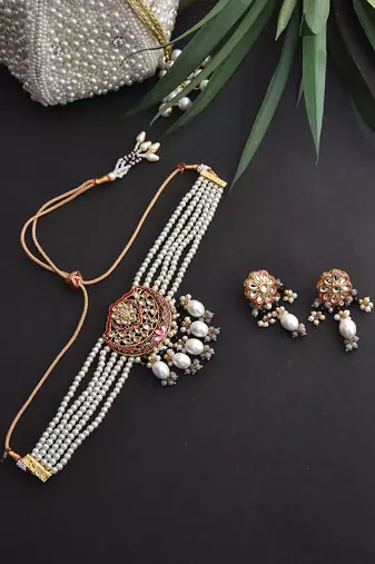 Red Gold Tone Pearl Choker Necklace Set