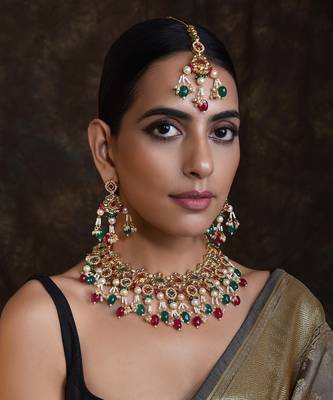 Red Green Gold Tone Kundan Necklace Set 1