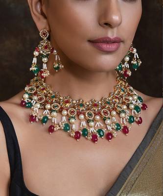 Red Green Gold Tone Kundan Necklace Set 3