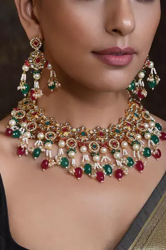 Red Green Gold Tone Kundan Necklace Set