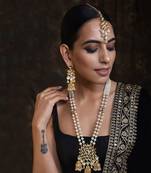 White Gold Tone Long Kundan Necklace Set With Maang Tikka