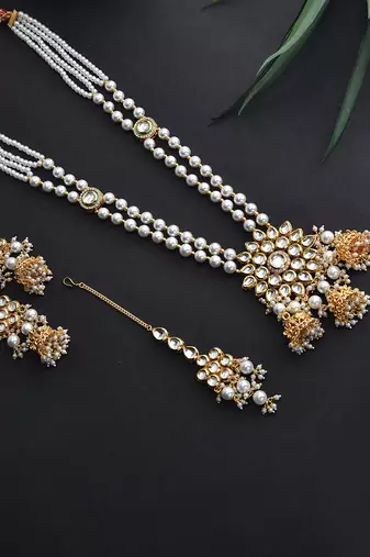 White Gold Tone Long Kundan Necklace Set With Maang Tikka