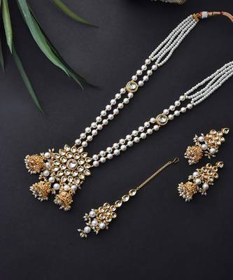 White Gold Tone Long Kundan Necklace Set With Maang Tikka 5