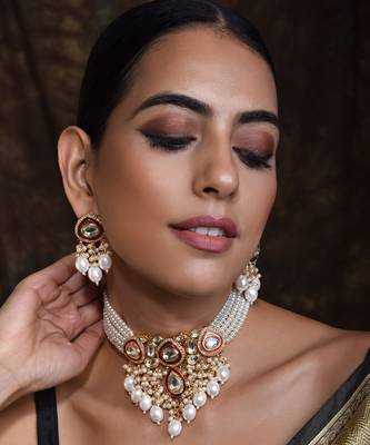 Red Gold Tone Polki Pearl Necklace Set 1