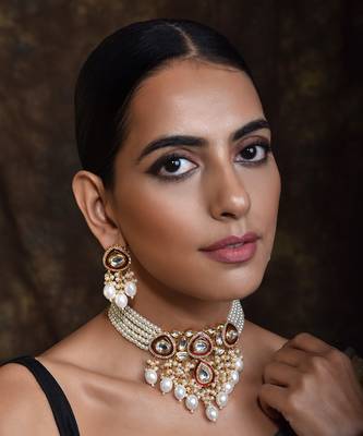 Red Gold Tone Polki Pearl Necklace Set 2